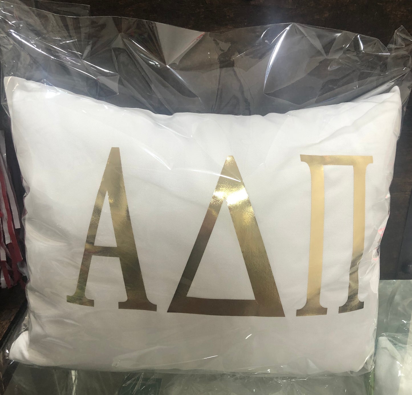 Alpha Delta Pi White pillow with Gold Letters