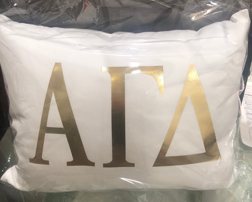 Alpha Gamma Delta White pillow with Gold letters