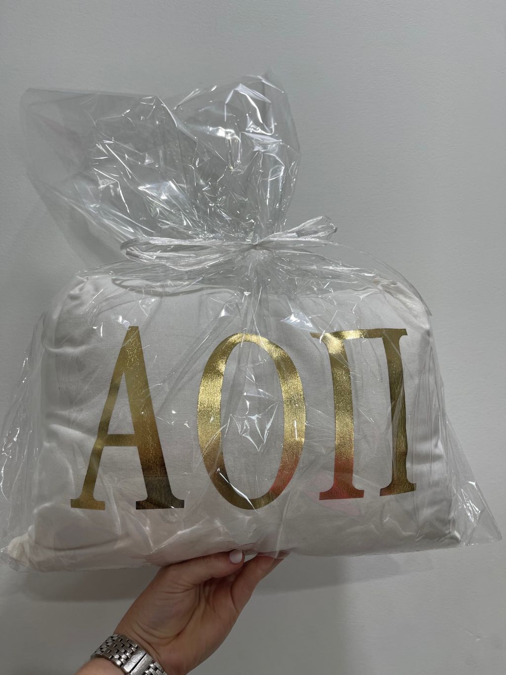 Alpha Omicron Pi White Pillow with Gold Letters