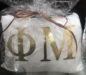 Phi Mu White pillow with Gold Letters