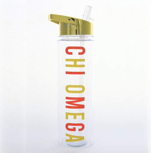 Chi Omega Water Bottle with Gold Flip Top Lid